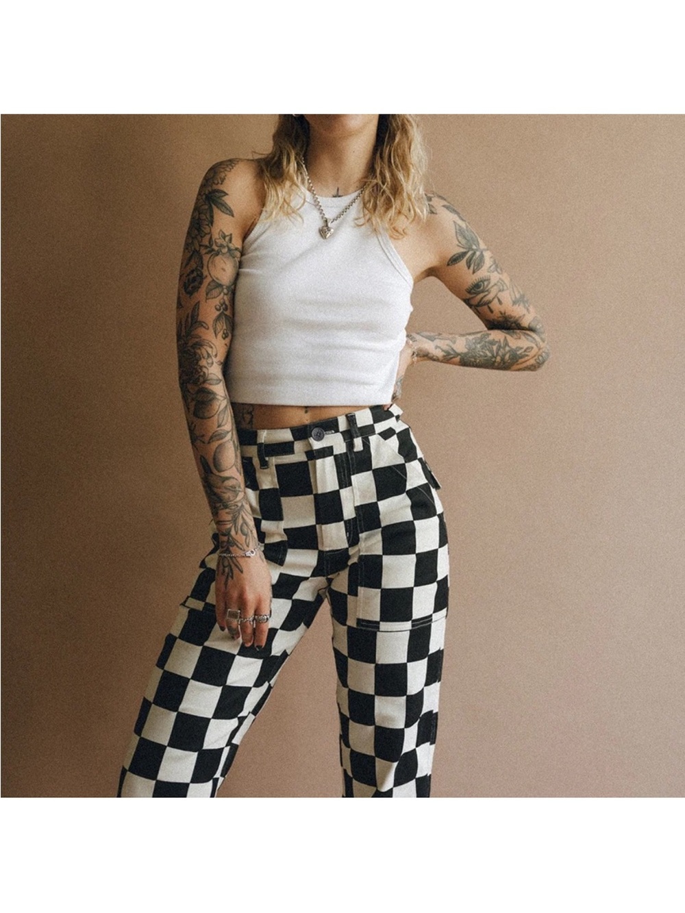 Checkerboard High-Rise Wide Leg Trousers - Black & White
